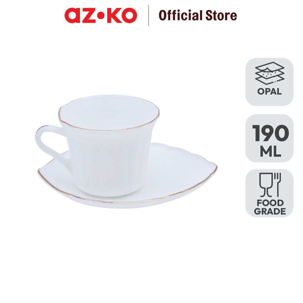 AZKO Delicia Cangkir Kopi Opal Dengan Saucer Leaf 190 ml - Putih Tea Cup Coffee Cup Piring Alas Set 