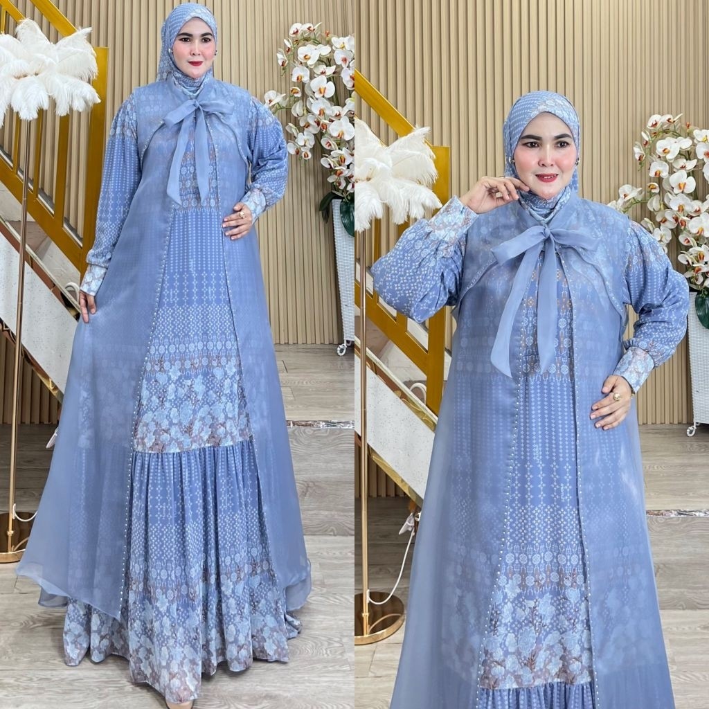 QUEENSHA SERIES BY HUMAIRA SYARI GAMIS CERUTY PREMIUM PRINTING OUTER CARDI ORGANZA SET JILBAB SCARF