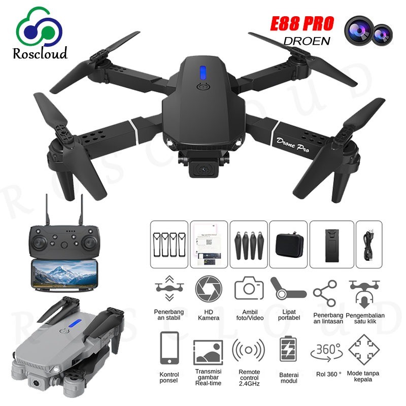 ROSCLOUD E88 Drone, Bisa COD /E88 Pro Drone Anti Tabrak Drone Mini Dengan Kamera HD Drone E88 Pro 4K
