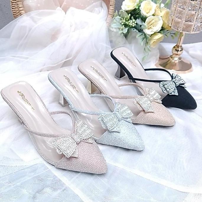 New - Purple Shoes - Lizzy Sandal Slop Wanita Pesta High Heels Hak Lancip 7 Cm Silver Salem Hitam Go