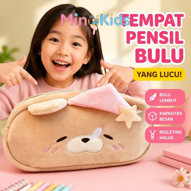 Tempat Pensil Boneka Beruang Bulu Imitasi Kapasitas Besar Pouch Alat Tulis Imut