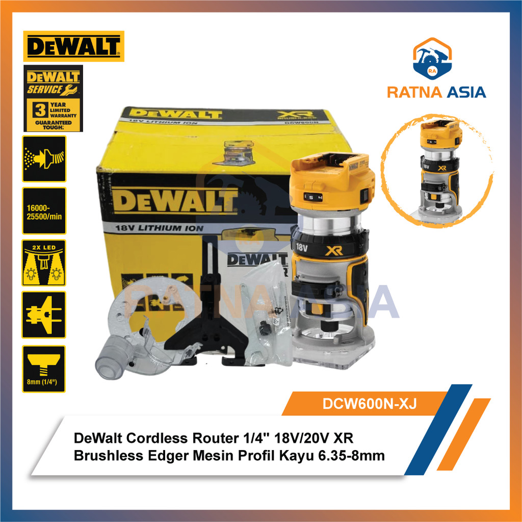 DeWalt DCW600N-XJ Cordless Router 18V/20V XR Brushless Edger Mesin Profil Kayu 6.35-8mm DCW600 1/4" 