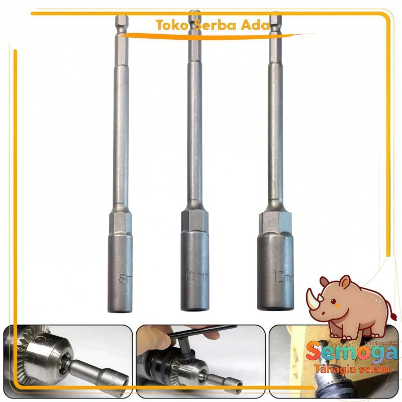 Set Batang Perpanjangan Kunci Soket Adaptor Bor Listrik, Mata Obeng Mur Hex Baja Kuat Ukuran 8mm 10m