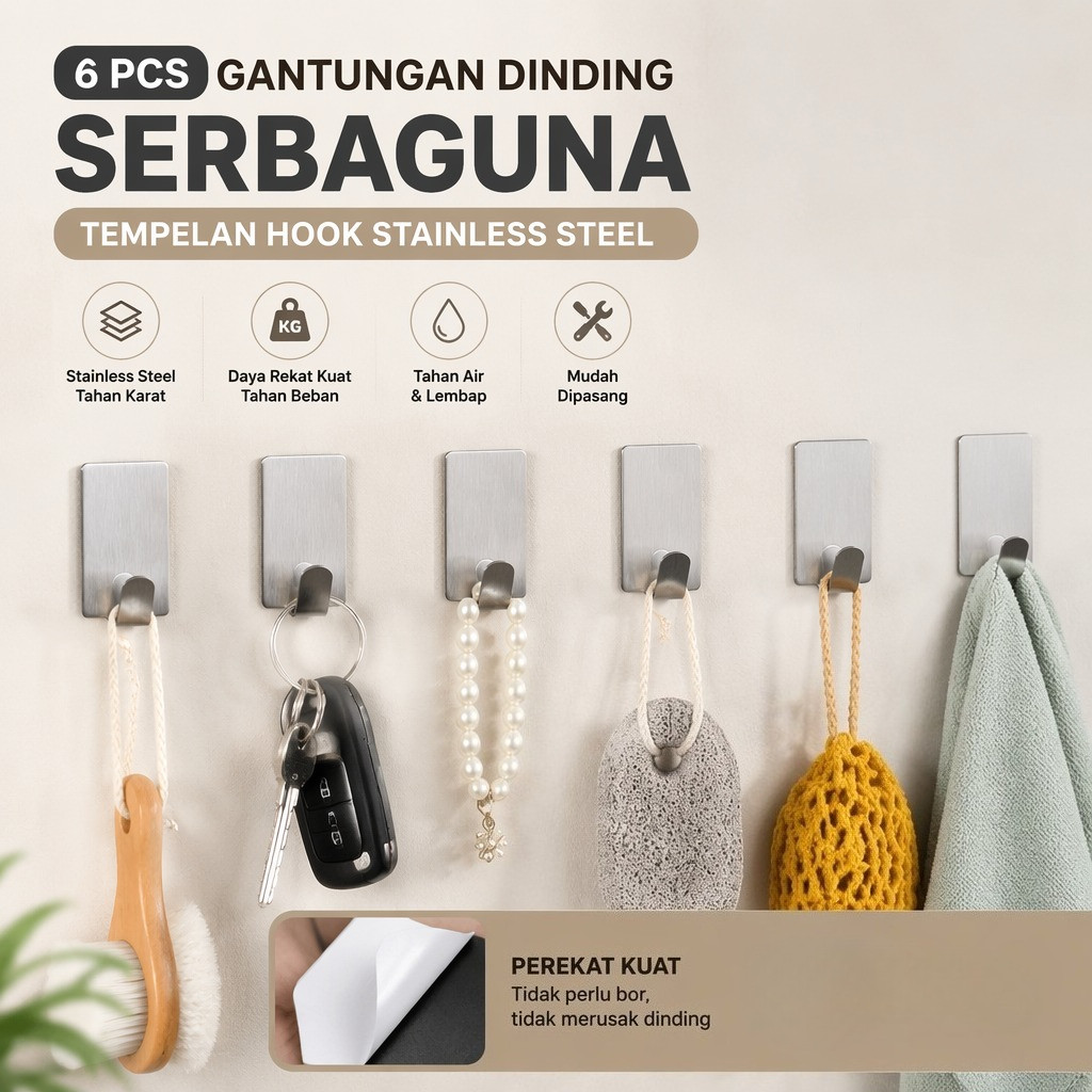 Gantungan dinding tembok SerbaGuna Tempelan Hook Stainless Steel 6 Pcs