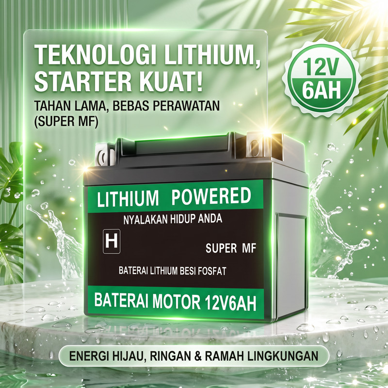 Aki Motor Kering Lithium 12V 6Ah LiFePO4 Awet Setrum Stabil Starter Jreng Matic