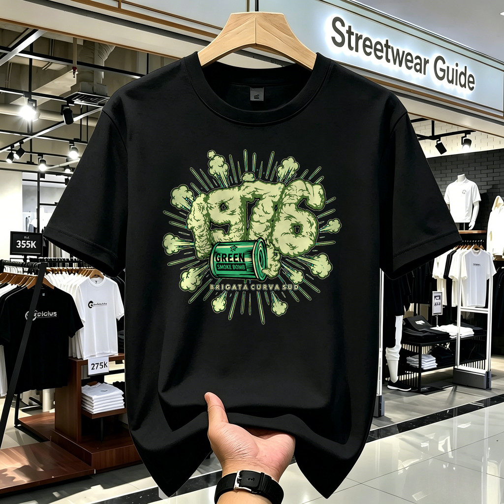 T Shirt Kaos Boxy Pria Green Smoke Bomb Graphic Streetwear Retro