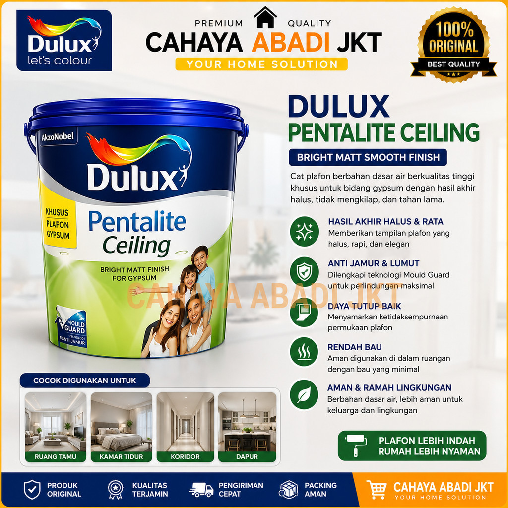 Dulux Pentalite Ceiling Cat Plafon Gypsum Interior Bright White Matt Anti Jamur Original 5Kg