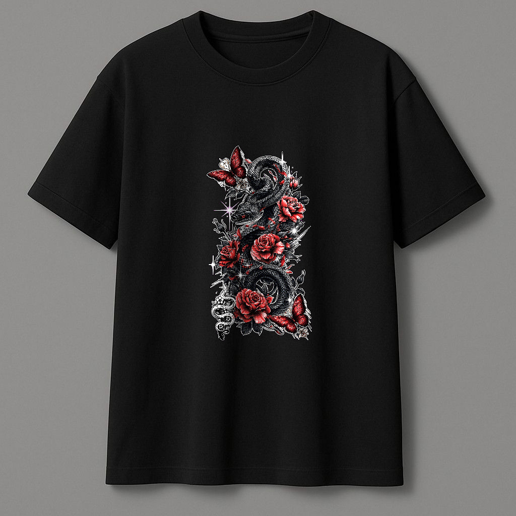 Kaos Pendek Motif Ular Dan Bunga Mawar Gothic Dengan Kupu-Kupu, Desain Metal Artistik Berbahan Katun