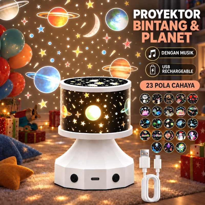 23 Slides Lampu Proyektor Bintang USB Charge Lampu Hias Kamar Tidur Charge Music Lampu Tidur Proyekt