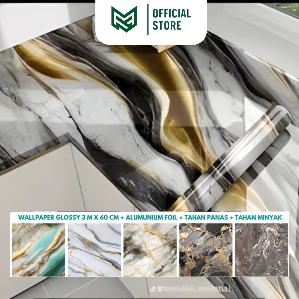 [18 Motif - P3] Wallpaper Glossy Marmer Marble Dapur Meja Furniture 3 m x 60 cm Glossi Kitchen Walpa