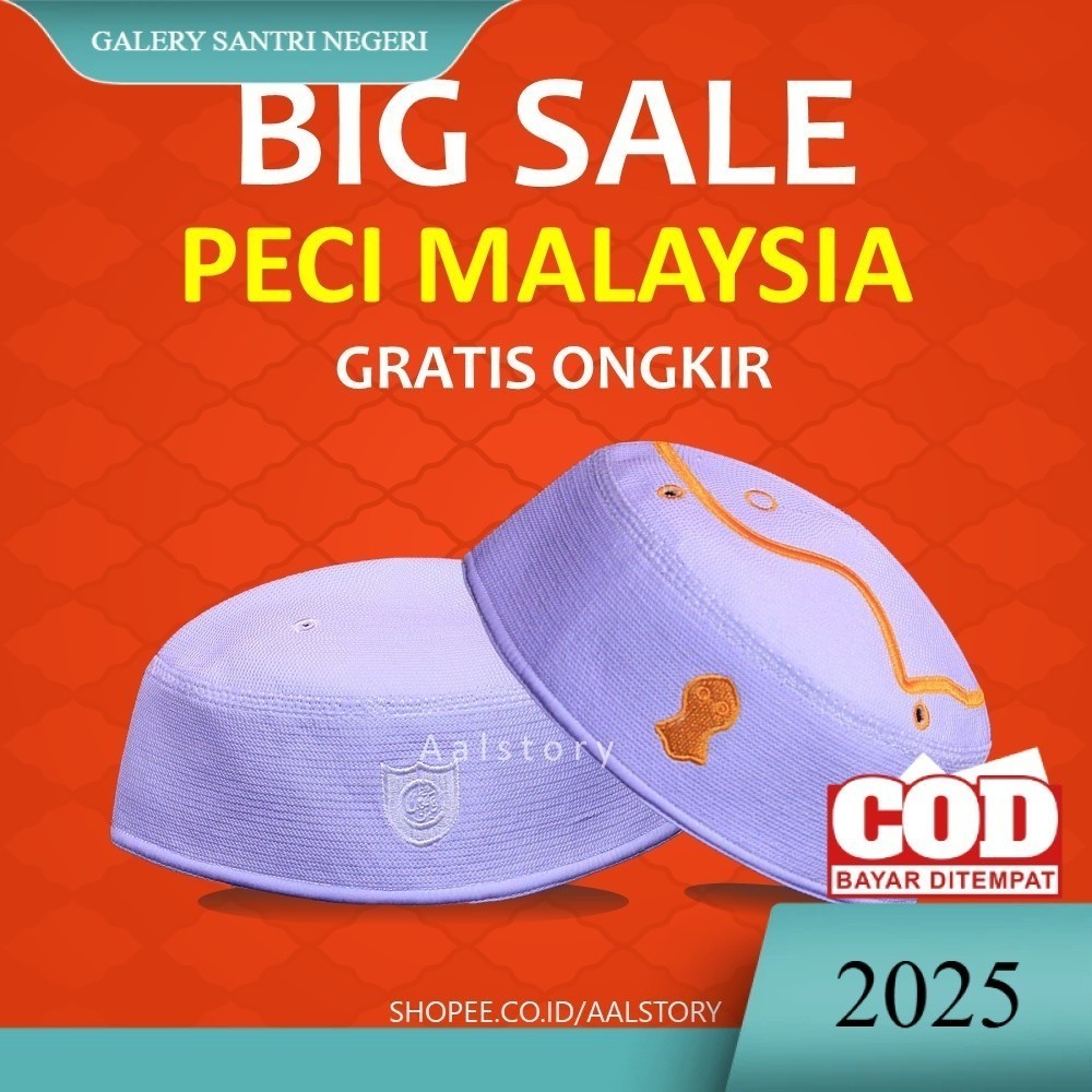 Peci Malaysia putih polos kopiah haji bordir logo dan terompah  bordir