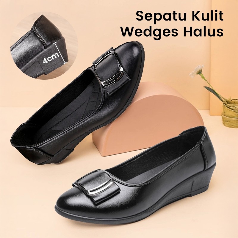 Sepatu Wedges Wanita Sepatu Kerja Wanita Wedges Flat Shoes Slip on Sepatu Kulit Wanita