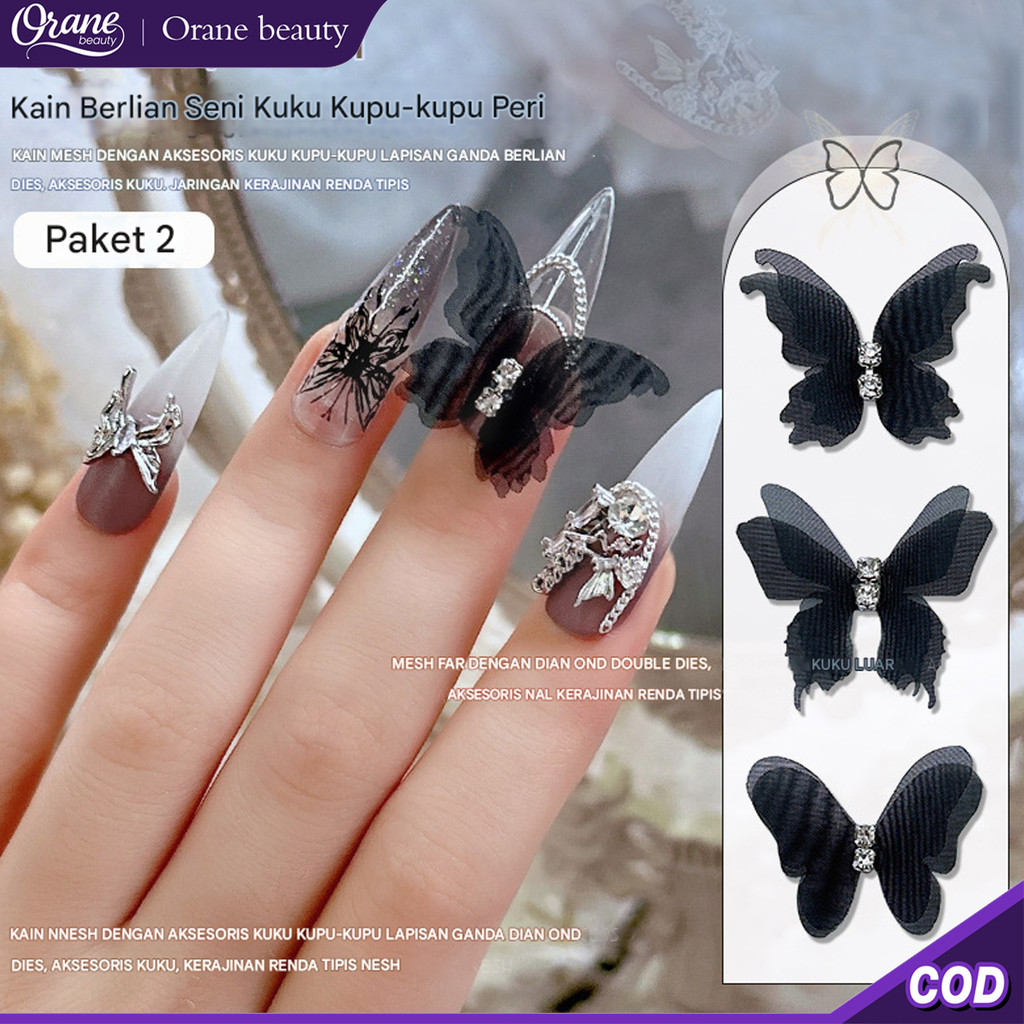 Oranebeauty 2pcs Tulle Ganda Paduan Berlian Kupu-kupu Seni Kuku Pesona Hitam Putih 3D Kupu-kupu Seni