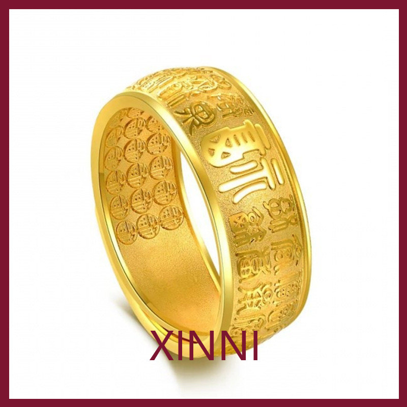 XINNI Cincin Emas Kuningan Berlapis Emas Terbuka Seratus Berkah Cincin Pria Karakter Berkah Emas Pas
