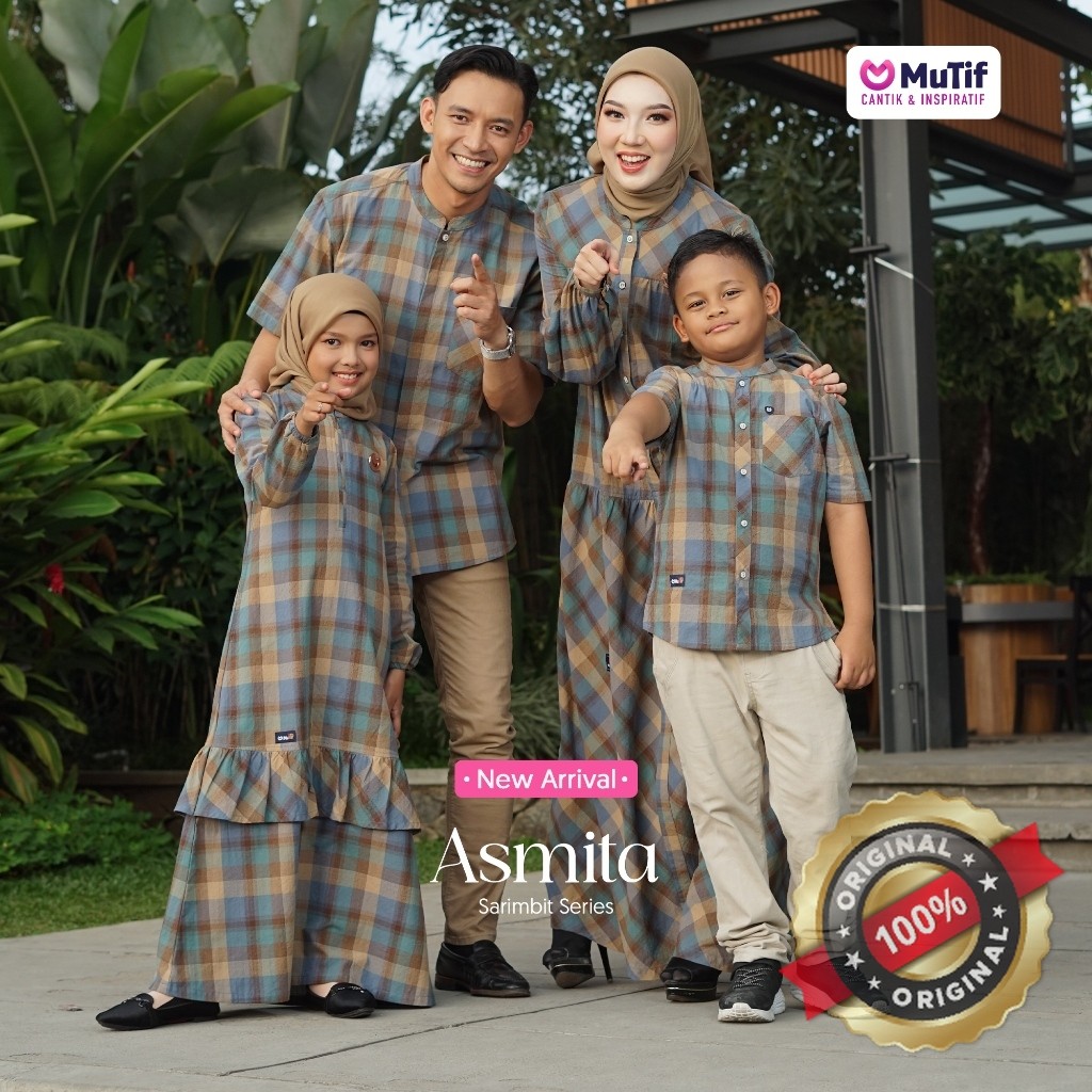 MUTIF Asmita Aksa Tosca Taupe Sarimbit Koko Tangan Pendek dan Gamis Panjang Motif Kotak Baju Couple 
