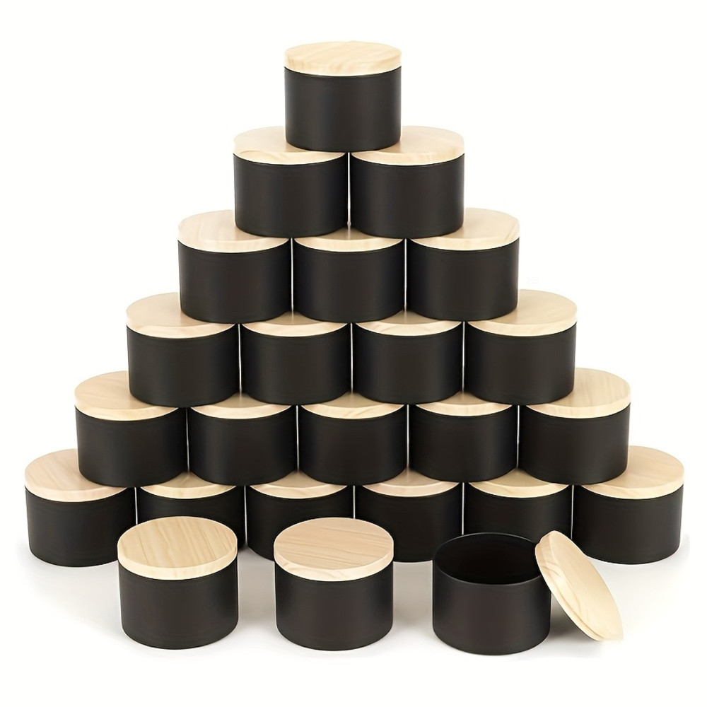 46pcs/set Black Candle Jar Kit with 4oz Matte Wood Lid. Includes 6 Jars, 14 Wicks, 6 Brackets & 20 S
