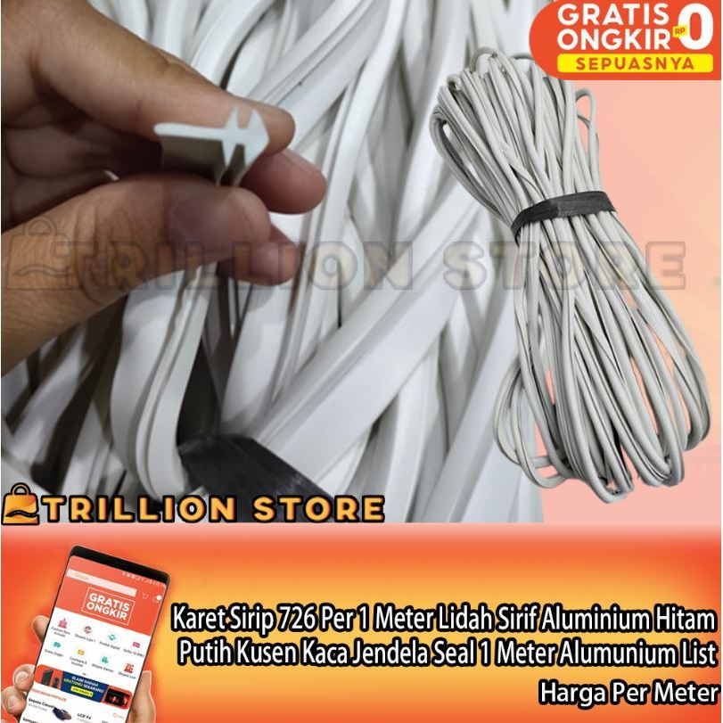 Karet Sirip Lidah 726 Per 1 Meter Sirif Aluminium Hitam Putih Kusen Kaca Jendela Seal 1 Meter Alumun