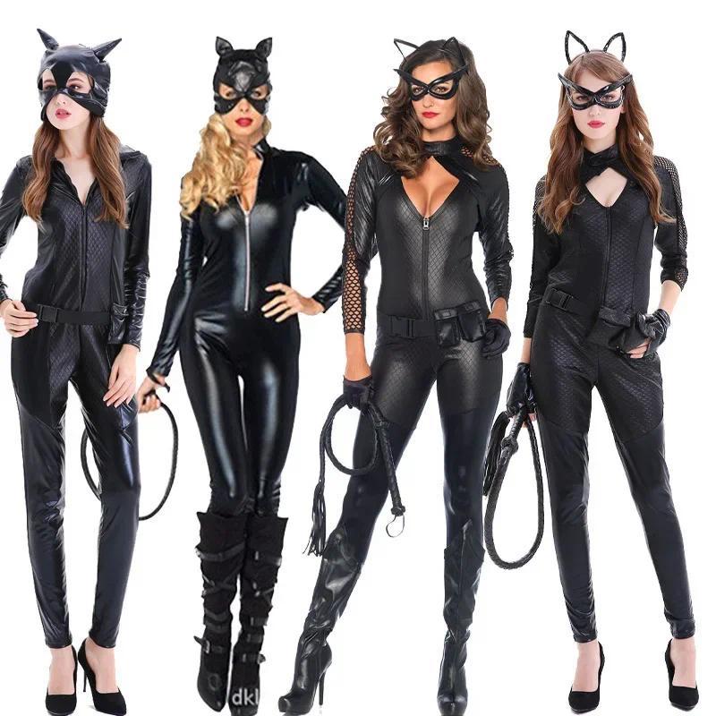 Sexy Black Leather Cat Girl Suit Halloween Costume Onesie Cosplay Party Performance Women's Modern c