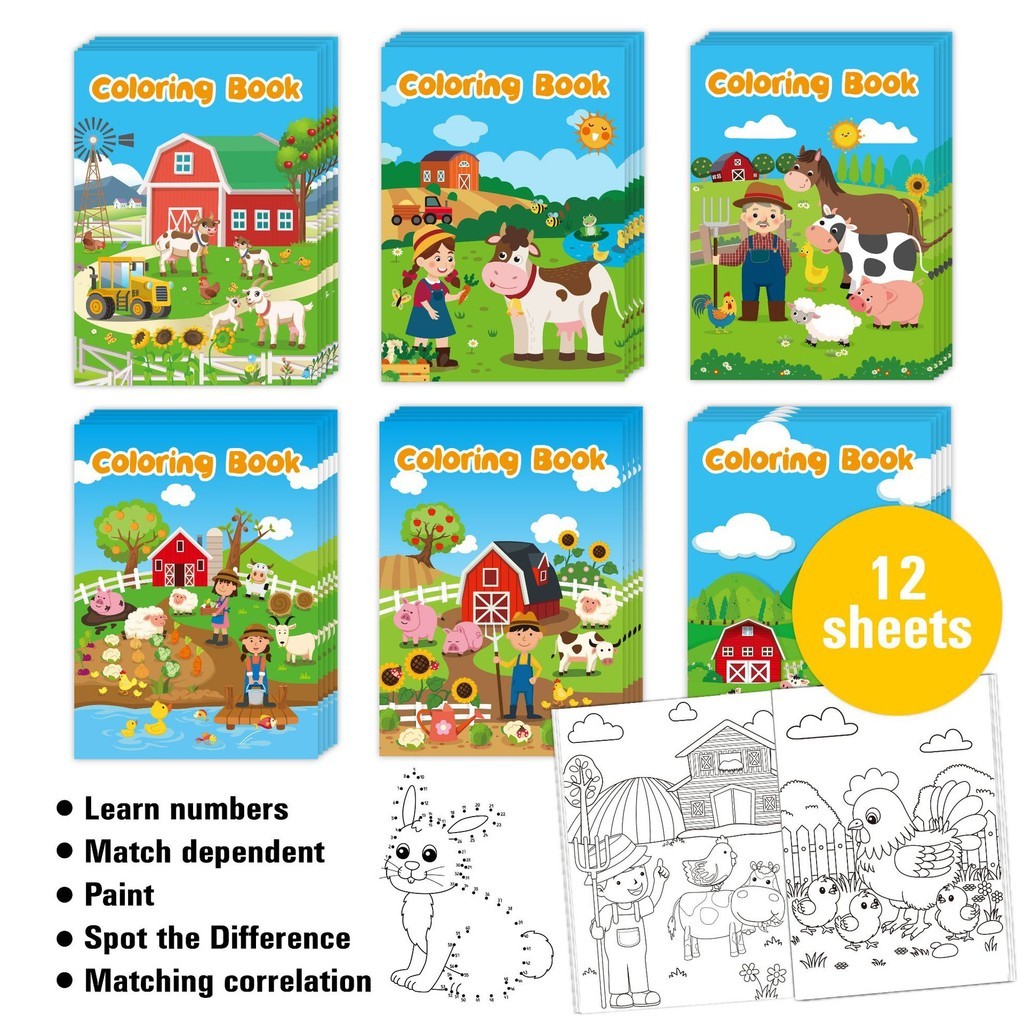 Buku Mewarnai 6 Buku/Set Buku Mewarnai Grafiti Kartun Hewan Ternak Buku Mewarnai Permainan Pesta Set