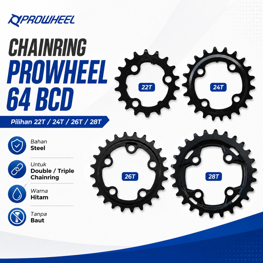 Chainring Prowheel 22T 24T 26T 64 BCD 28T BCD untuk double triple chainring sepeda 64BCD