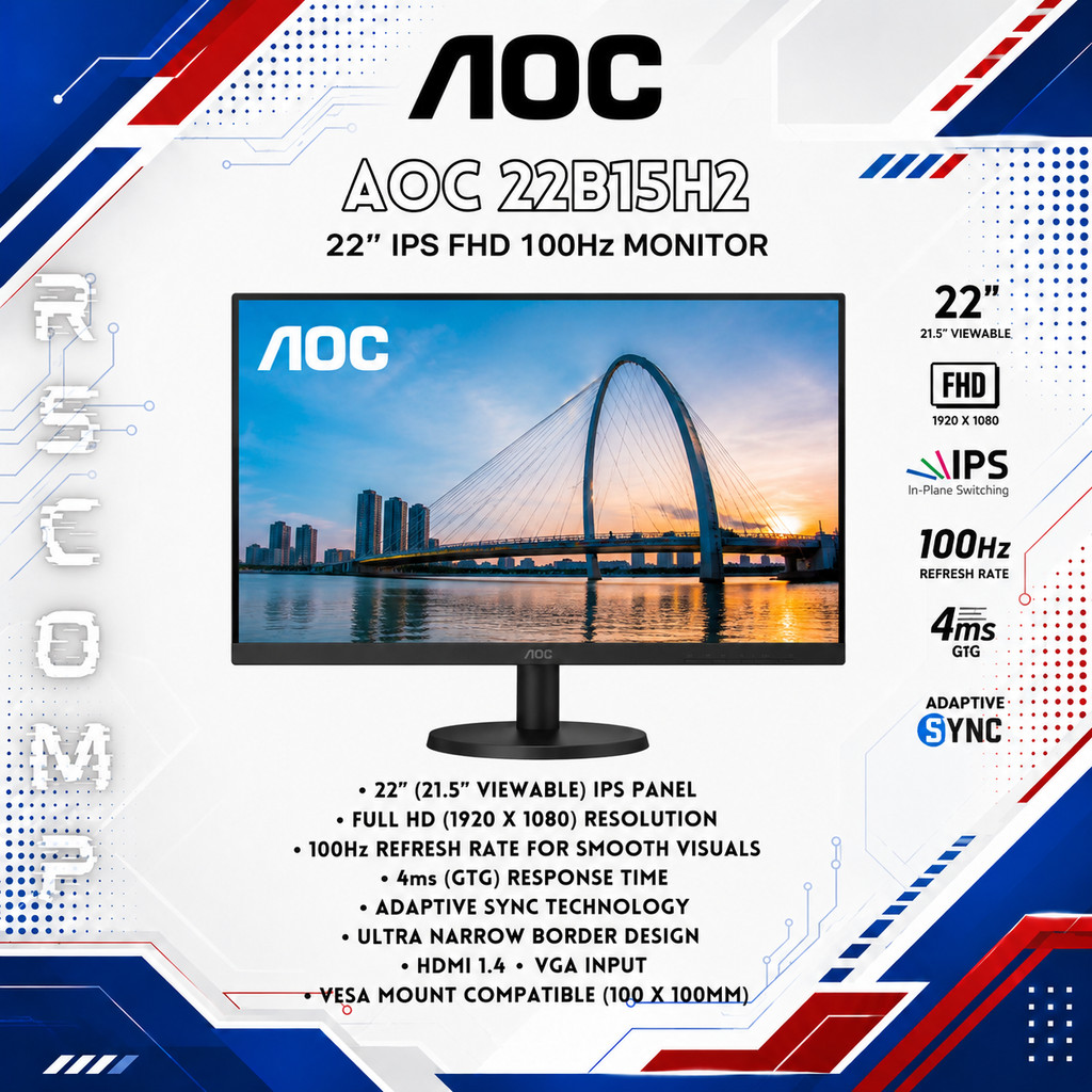 AOC 22B15H2 LED Monitor 22" IPS FHD 100Hz 4ms Adaptive Sync