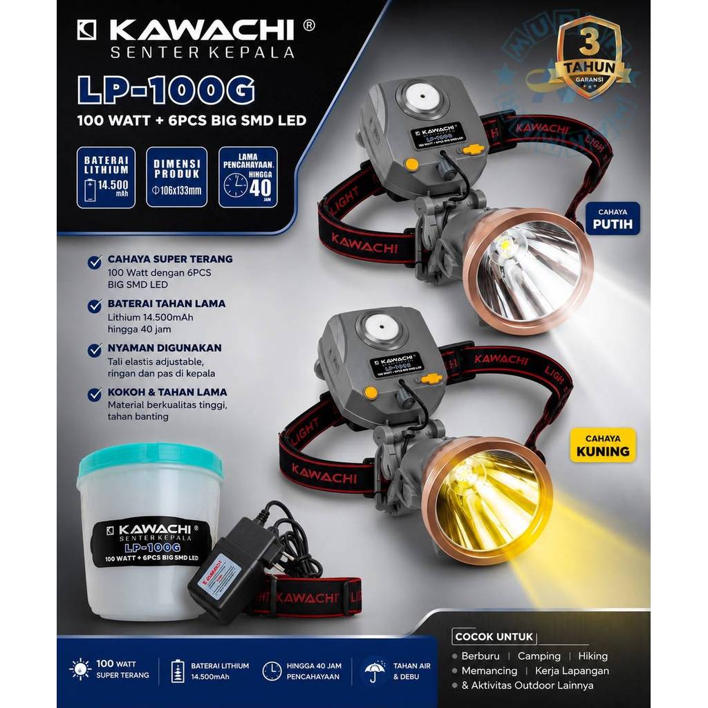 KAWACHI Senter kepala 100 WATT+6PCS BIG SMD LED LP-100G WHITE /  YELLOW KAWACHI, SUPER TERANG , ORIG