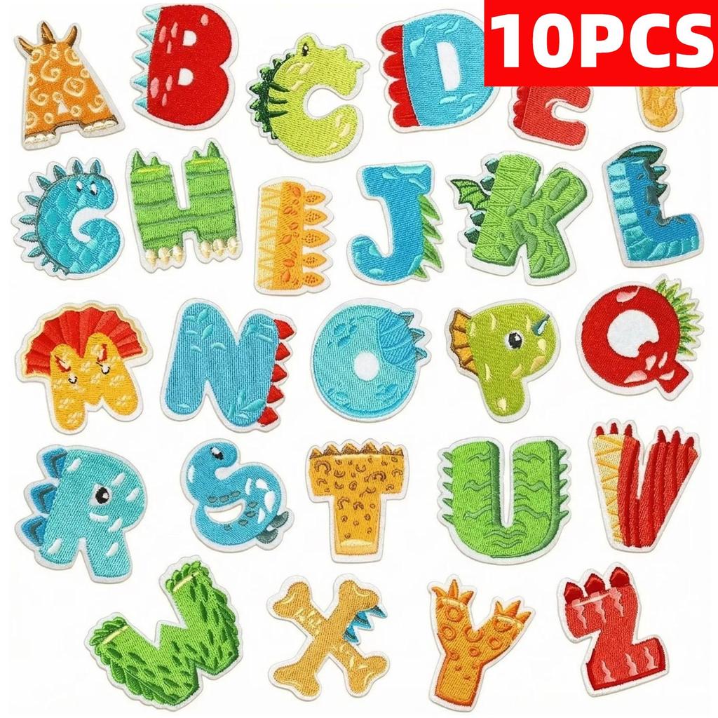 10PCS Grosir Stiker Kain Bordir Elemen Dinosaurus 26 Huruf Inggris Bordir Dinosaurus Set Patch Huruf