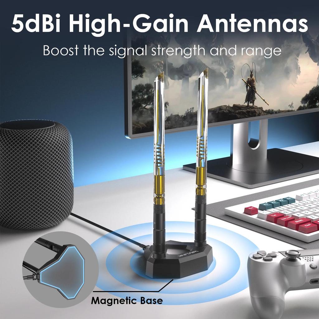 WAVLINK WiFi 6E Triband Extension Antenna 24GHz + 5GHz + 6GHz WiFi with Magnetic Base and SMAConnect