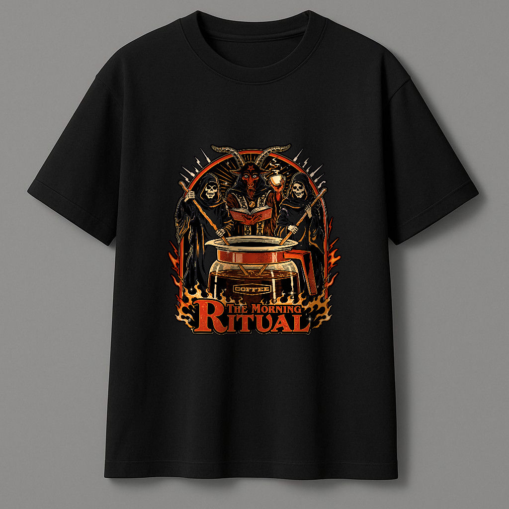 Morning Ritual Kaos Pendek Dengan Grafis Ritual Kopi Setan, Grim Reaper, Dan Api Bergaya Vintage Kao
