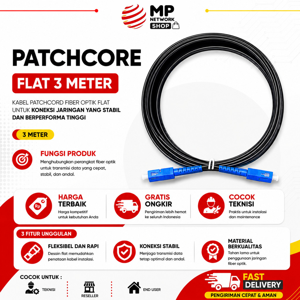 Patchcord Flat SC/UPC - Patchcord Gepeng - Patchcord Outdoor 3m - MP Network Shop