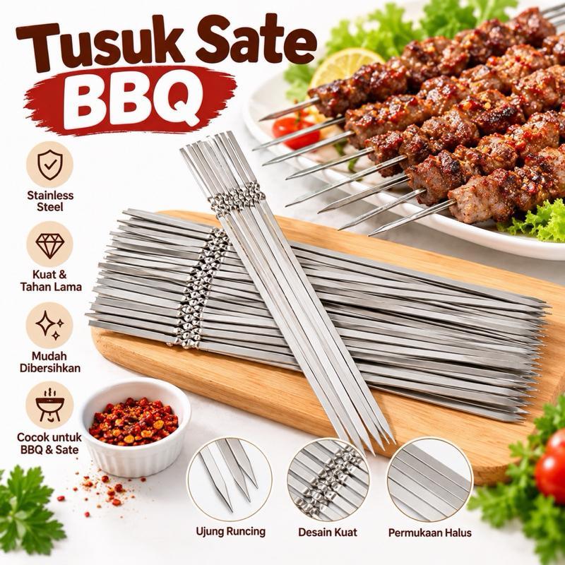 [3PC] Tusuk Sate Stainless Steel Bulat untuk Daging Sate Steak Barbekyu BBQ Buah Sayur Bakaran Alat 