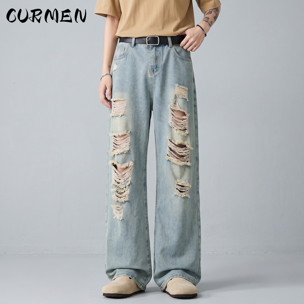 CURMEN Celana Jeans Straight Pria Sobek Desain Street Amerika Kasual Longgar