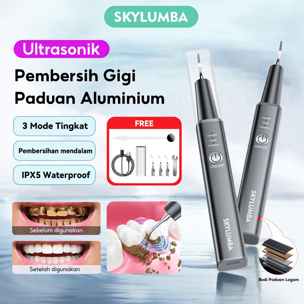 Skylumba Alat Pembersih Karang Gigi Elektrik Ultrasonik Dental Scaler 3 Mode Waterproof Penghilang P