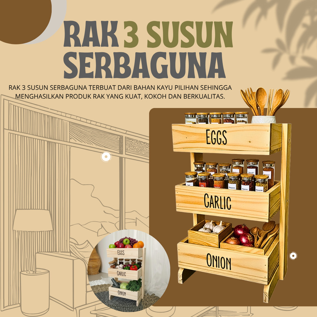 Rak bawang kayu 3 susun / Rak dapur / Rak kosmetik/ Rak perkakas/ Rak bawang