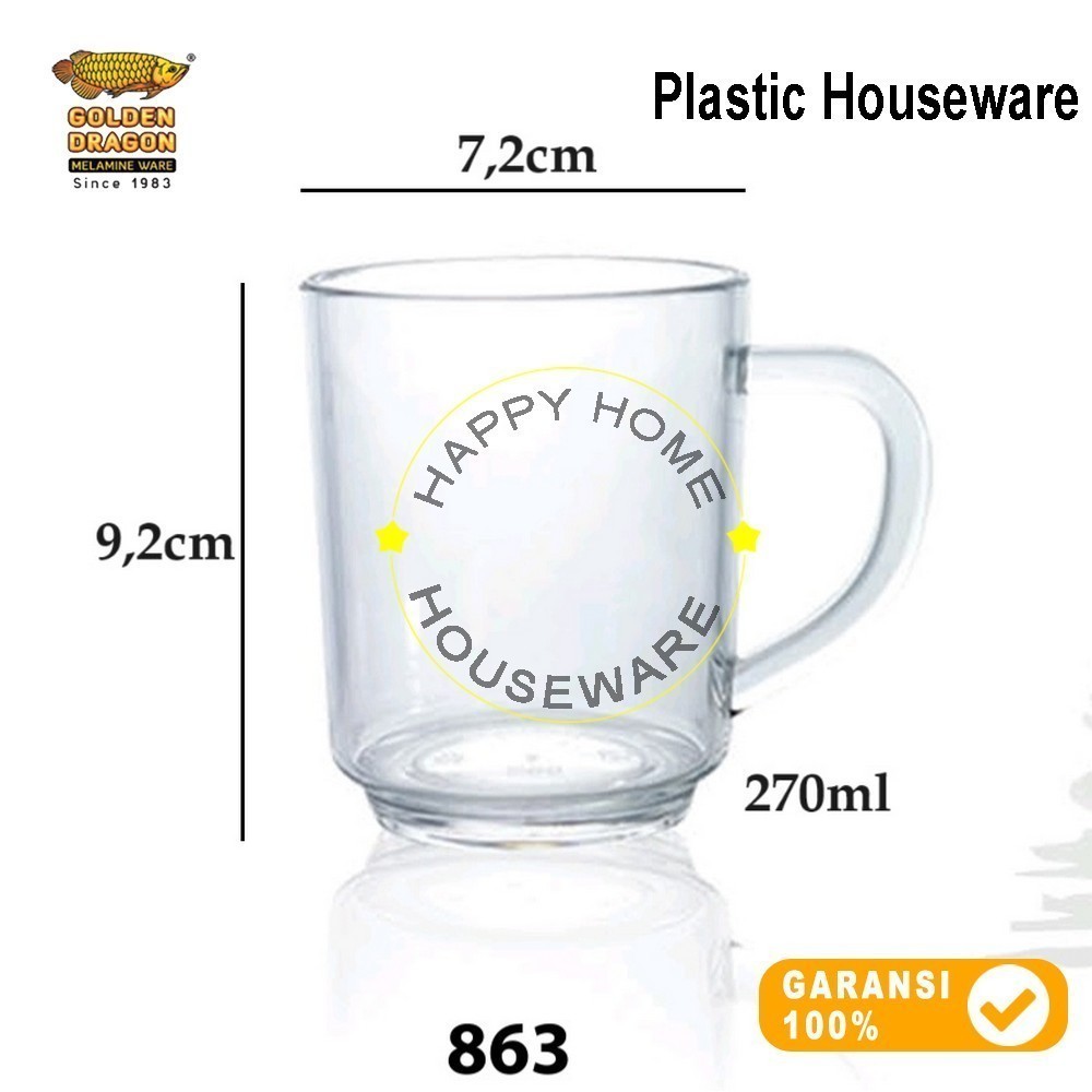 GOLDEN DRAGON 1pcs Gelas Plastik Kopi Gagang 270ml Mug Resto Mug Cafe 270ml Putih Bening