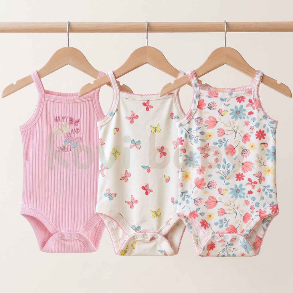 KOVIBABY - Jumper Bayi Kutung 3pcs Unisex Bodysuit Sleeveless Katun Lembut 0-9bulan (3VS FLUTTER)