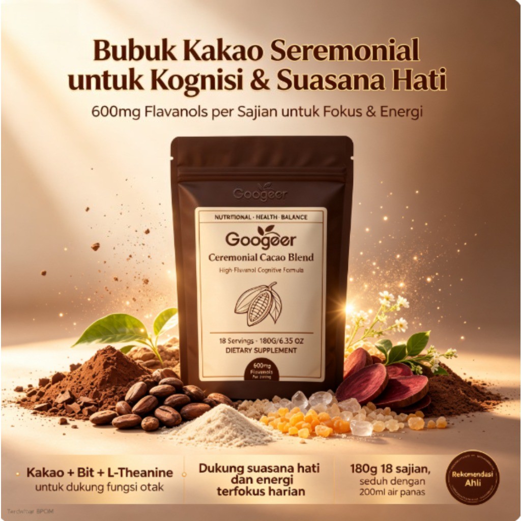 Googleer Ceremonial Cacao Blend 180g, High-Flavanol 600mg per sajian, dengan Kakao, Bit, L-Theanine 
