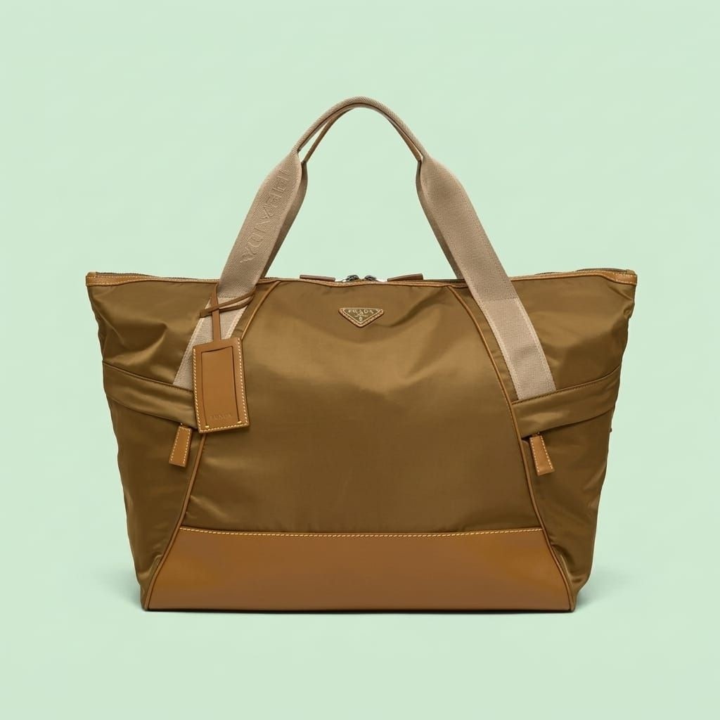 Tas Duffel Re-Nylon BRAND PRADA dan Kulit Warna Beige Gabus 100% ORIGINAL