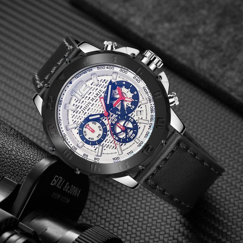 Jam Tangan Pria Jhon Marie 9507 Chrono Kulit Blue Safier Bergaransi 12 Bulan
