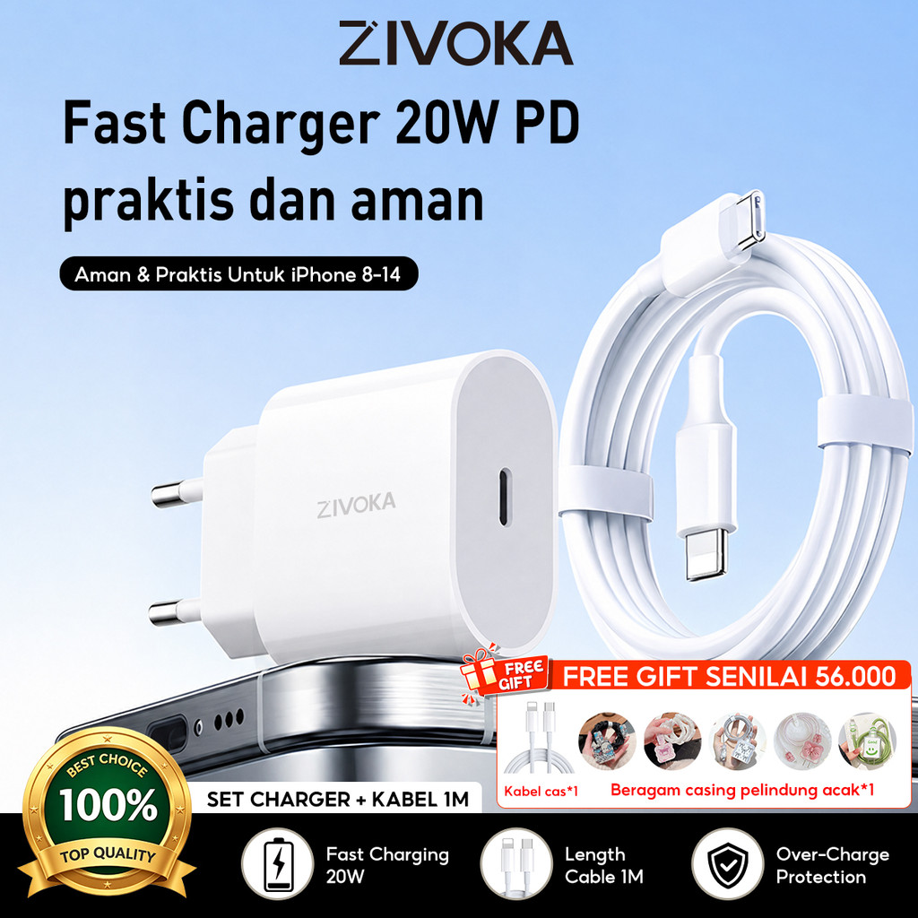 ZIVOKA Charger 20W Kabel Lightning Fast Charging Original Untuk iPhone 8 9 10 11 12 13 14 iPad AirPo