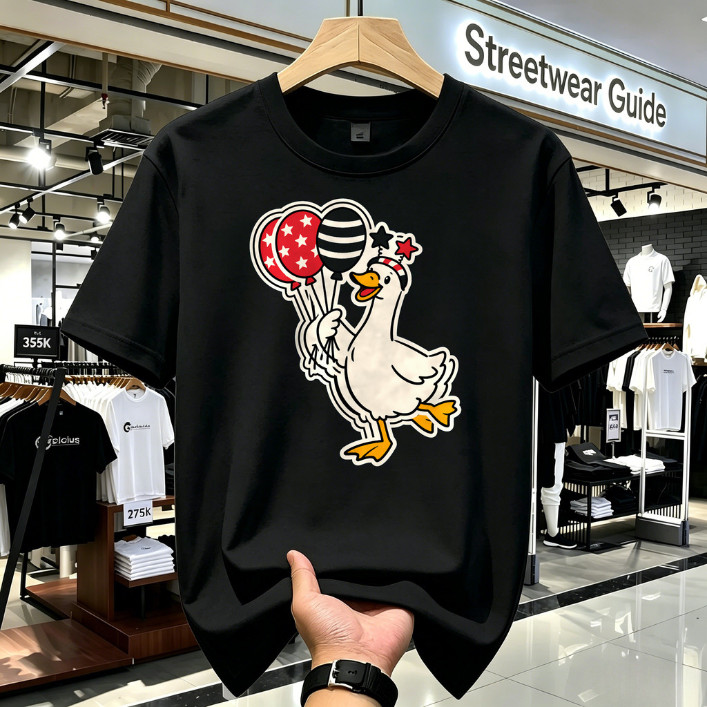 Kaos Distro T Shirt Unisex Kaos Lengan Pendek Motif Angsa Lucu Membawa Balon Bintang American Style 