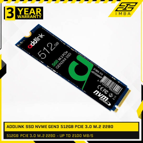 ADDLINK SSD NVME GEN3 512GB PCIE 3.0 M.2 2280 3Y - UP TO 2100 MB/S AD512GBS68M2P