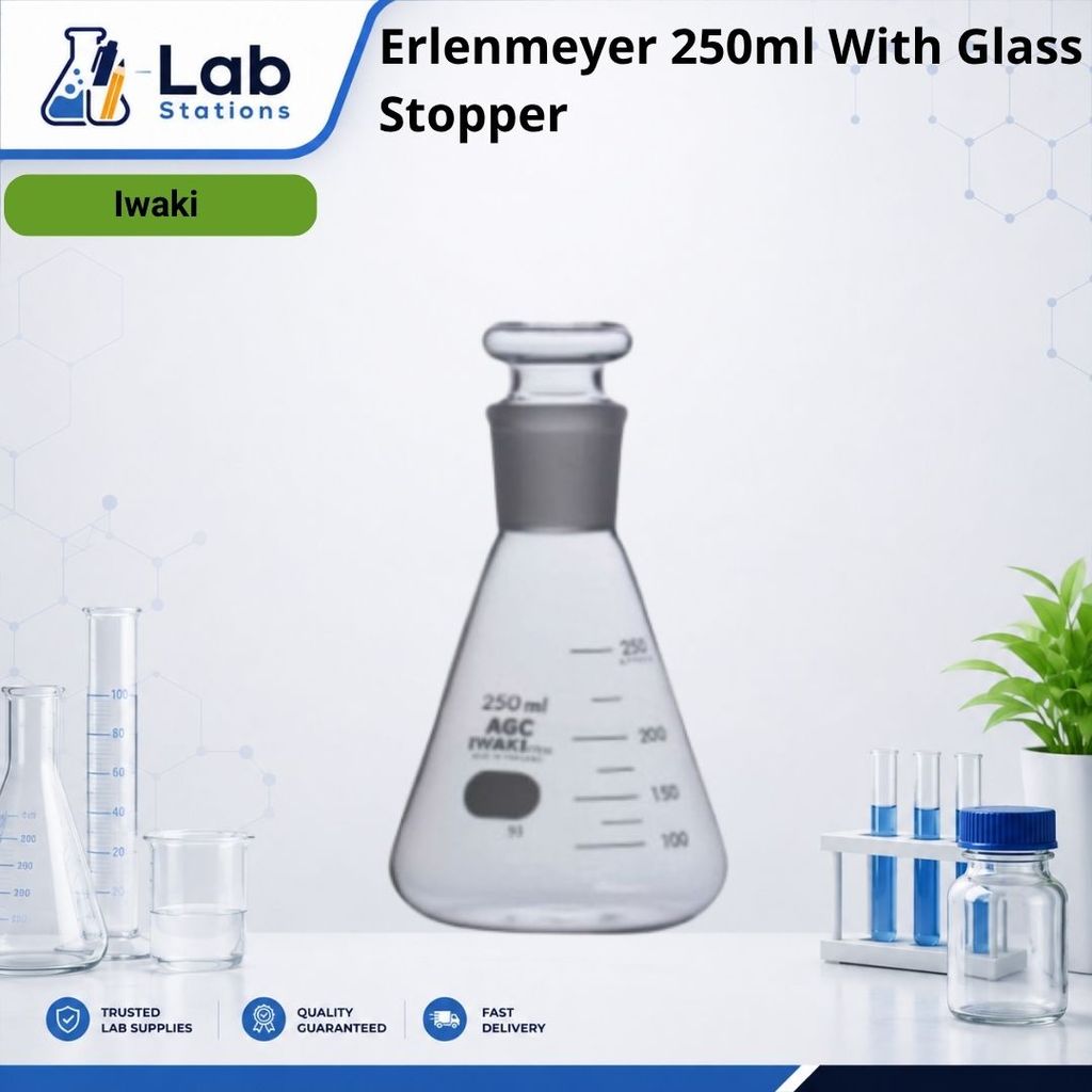 IWAKI ERLENMEYER ASAH 250ML TUTUP KACA ERLENMEYER FLASK WITH TS GLASS STOPPER