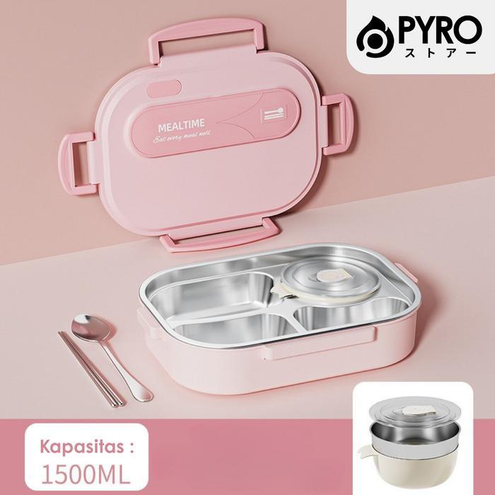 Kotak Makan 1500ml Stainless 316 Lunch box Sekat 4 Anti Tumpah Free Sendok Sumpit Tempat Sup Kantora