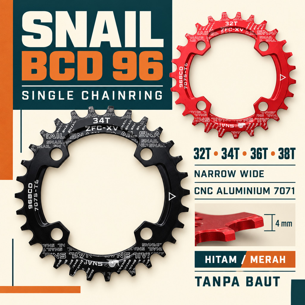Chainring Snail 32T 34T 36T BCD Simetris Narrow 96 BCD Wide untuk Single Chairing Sepeda 96BCD