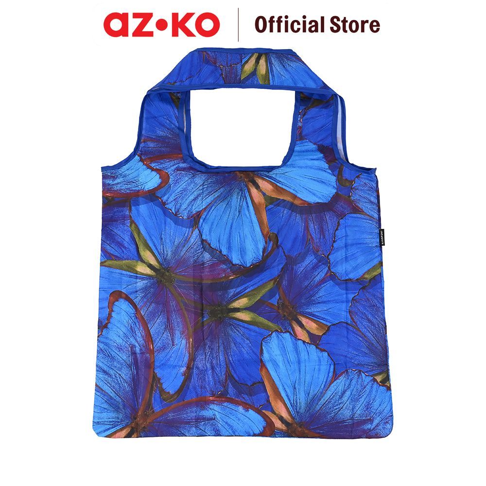 AZKO Passport Tas Belanja Lipat Vivid Flower - Biru Shopping Bag Kantong Blanja Tote Bag Belanjaan S