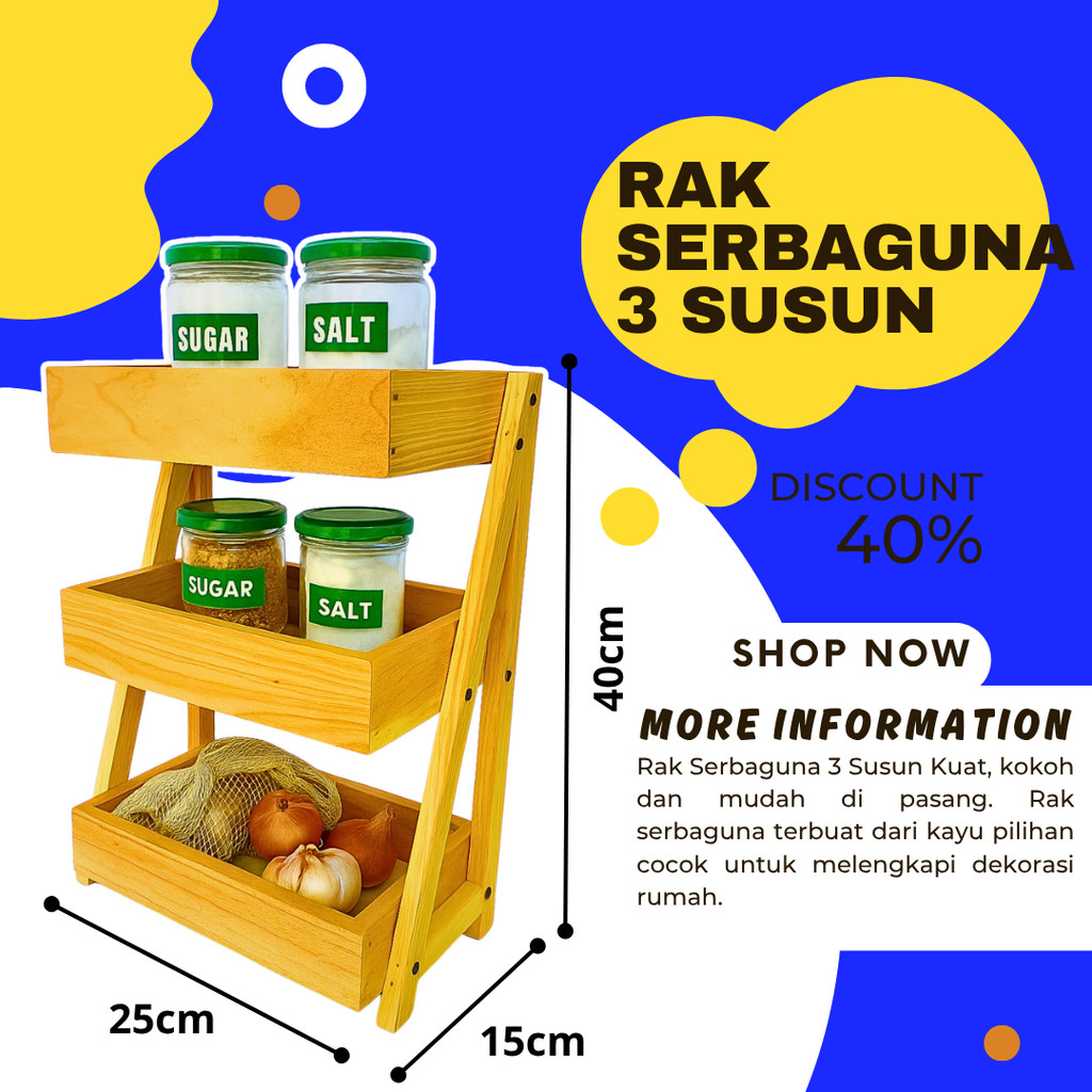Rak Bawang Kayu 3 Susun / Rak Bumbu Serbaguna