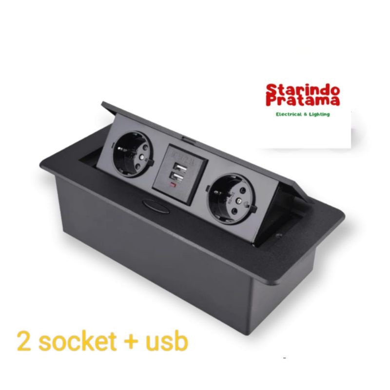STOP KONTAK MEJA TANAM POP UP SOCKET 2 LUBANG + USB CHARGER HITAM