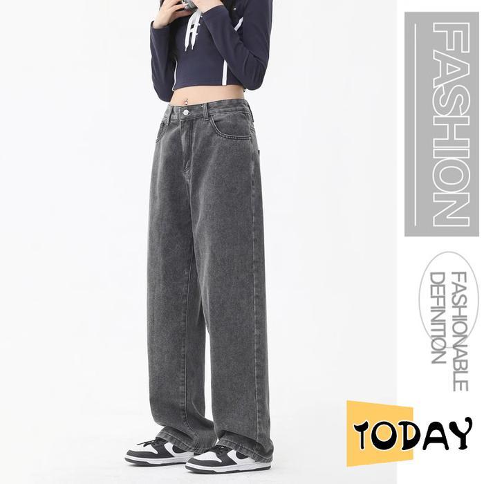 Kulot jeans wanita high waist jeans celana wanita panjang baggy jeans - Abu-abu hitam, 3XL