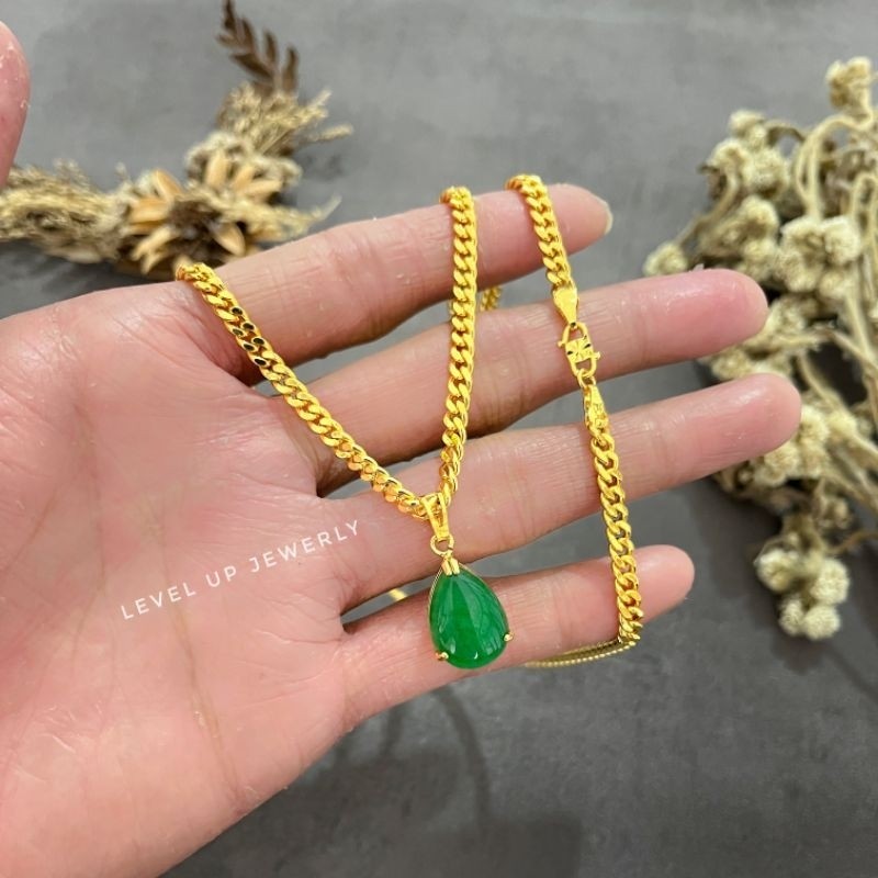 Kalung Rantai 4 MM dan Liontin Permata Giok Asli | Bahan Tembaga Lapis Emas Hongkong | Lapisan Emas 